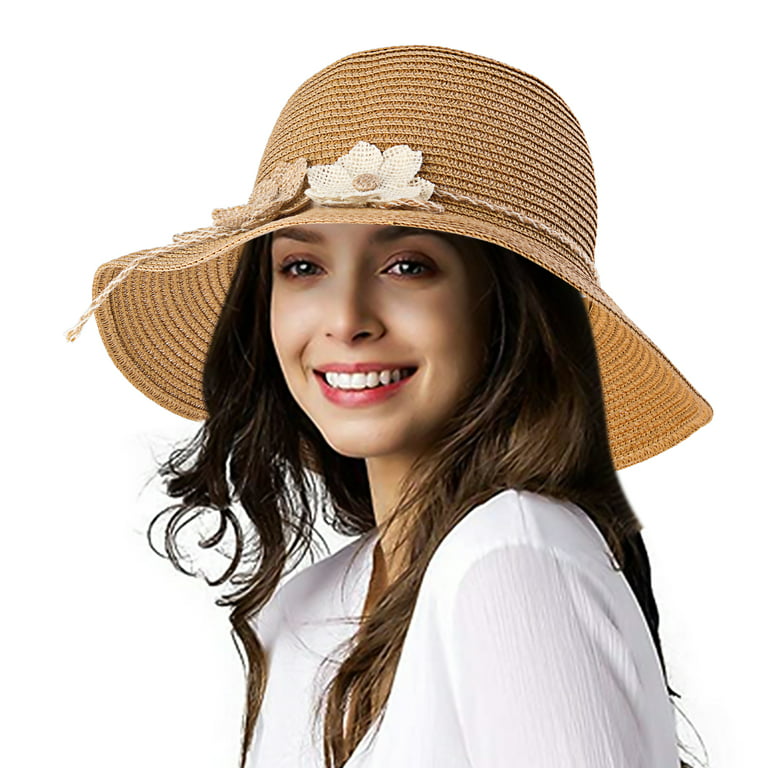 Bangcool Beach Sun Hat Foldable Flower Straw Wide Brim Beach Hat Summer Hat for Women, Women's, Size: One size, Beige