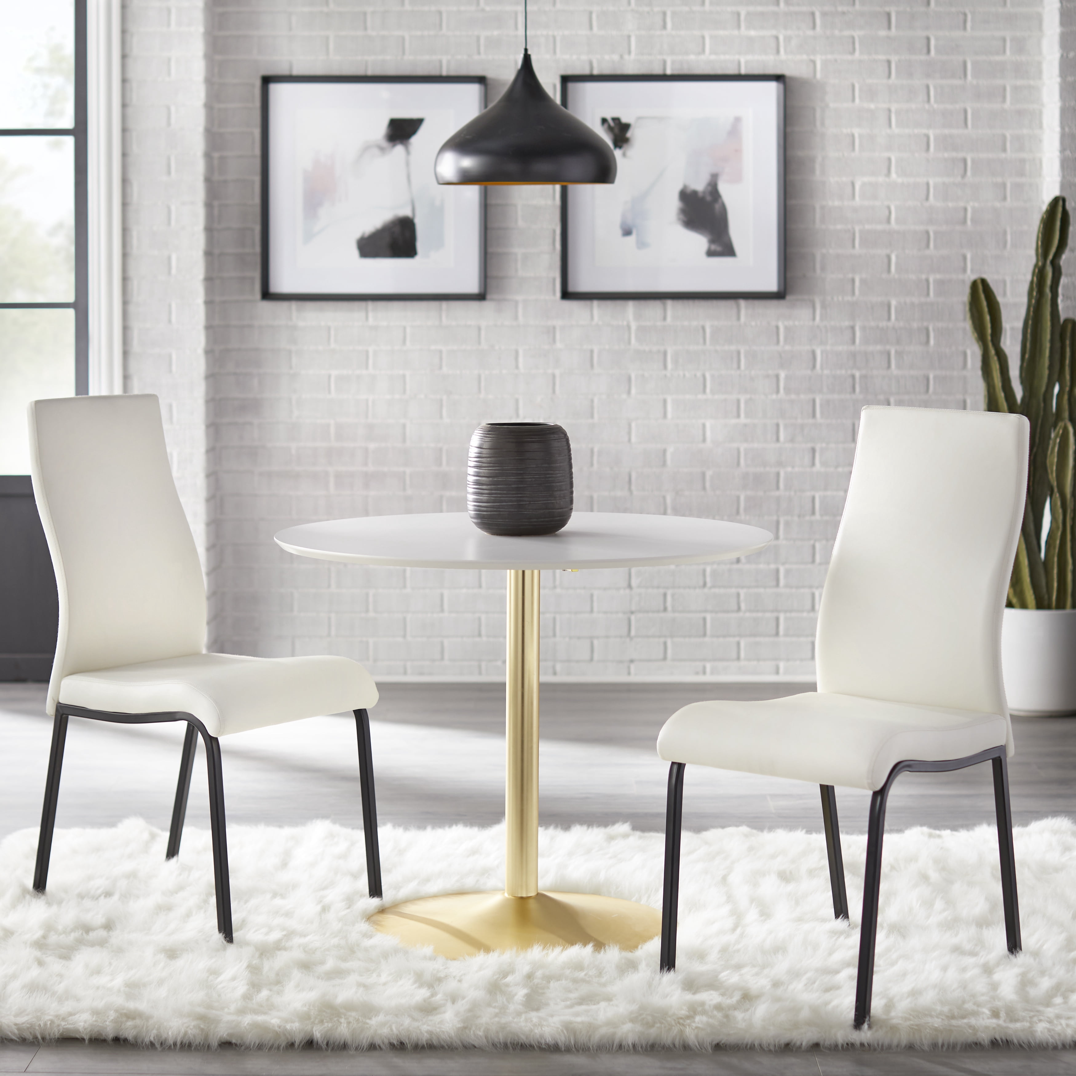 TMS Nora Upholstered Modern Dining Chair, Set of 2, White with Black Metal Legs