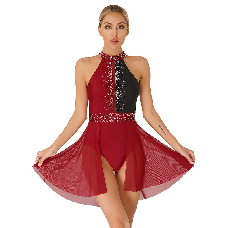 Yeahdor Womens Shiny Rhinestone Lyrical Dance Dress Contrast Color Backless  Leotard Dress Figure Skating Performance Costume