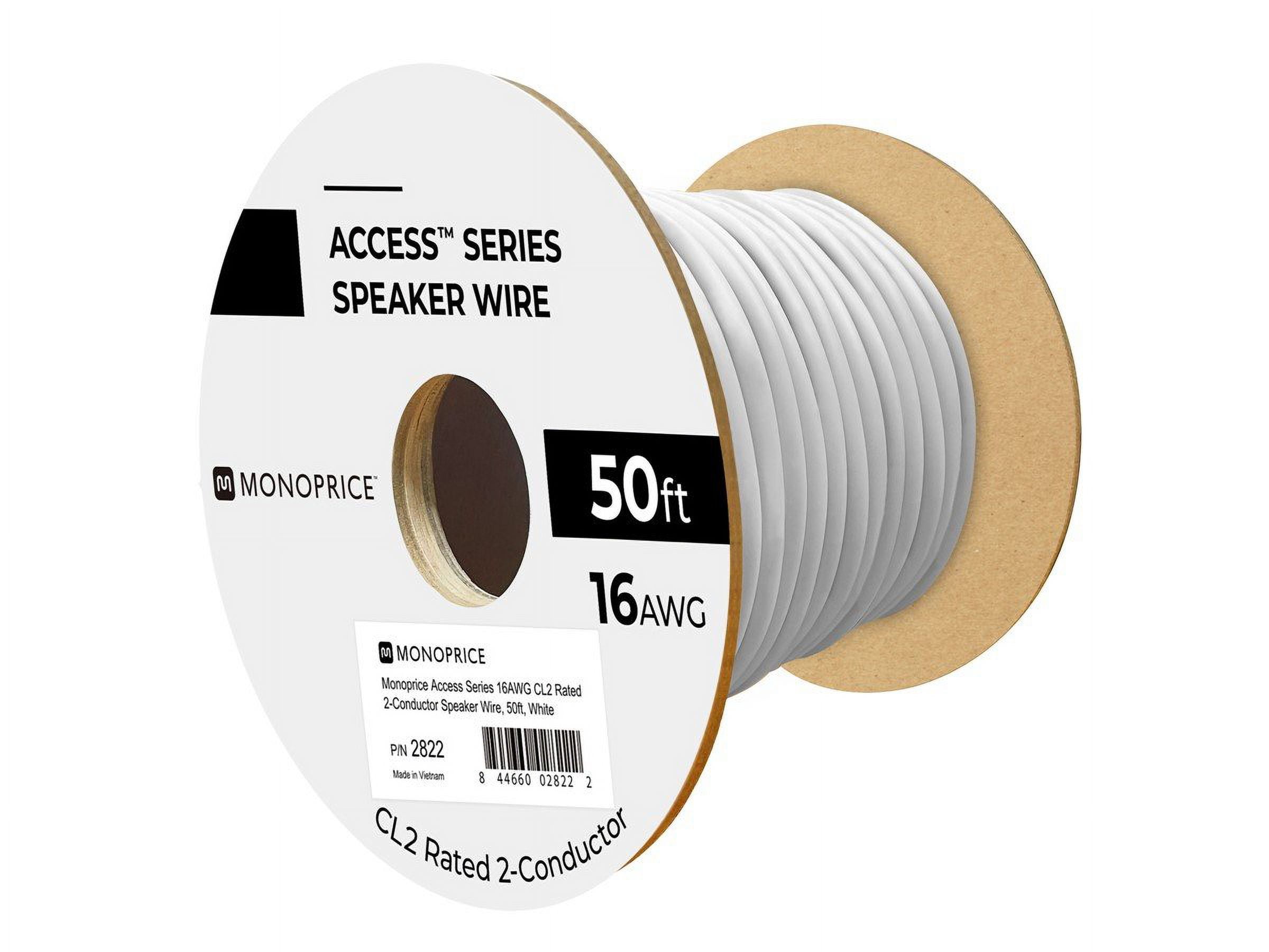 Monoprice Speaker Wire, CL2 Rated, 2-Conductor, 16AWG, 50ft, White