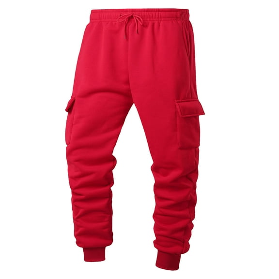 Havenre Men's Casual Cargo Pants Loose Sherpa Fleece Lined Warm Workout Joggers Stretch Sweatpants Lounge Athletic Pants Drawstring Pants with Pockets Red L