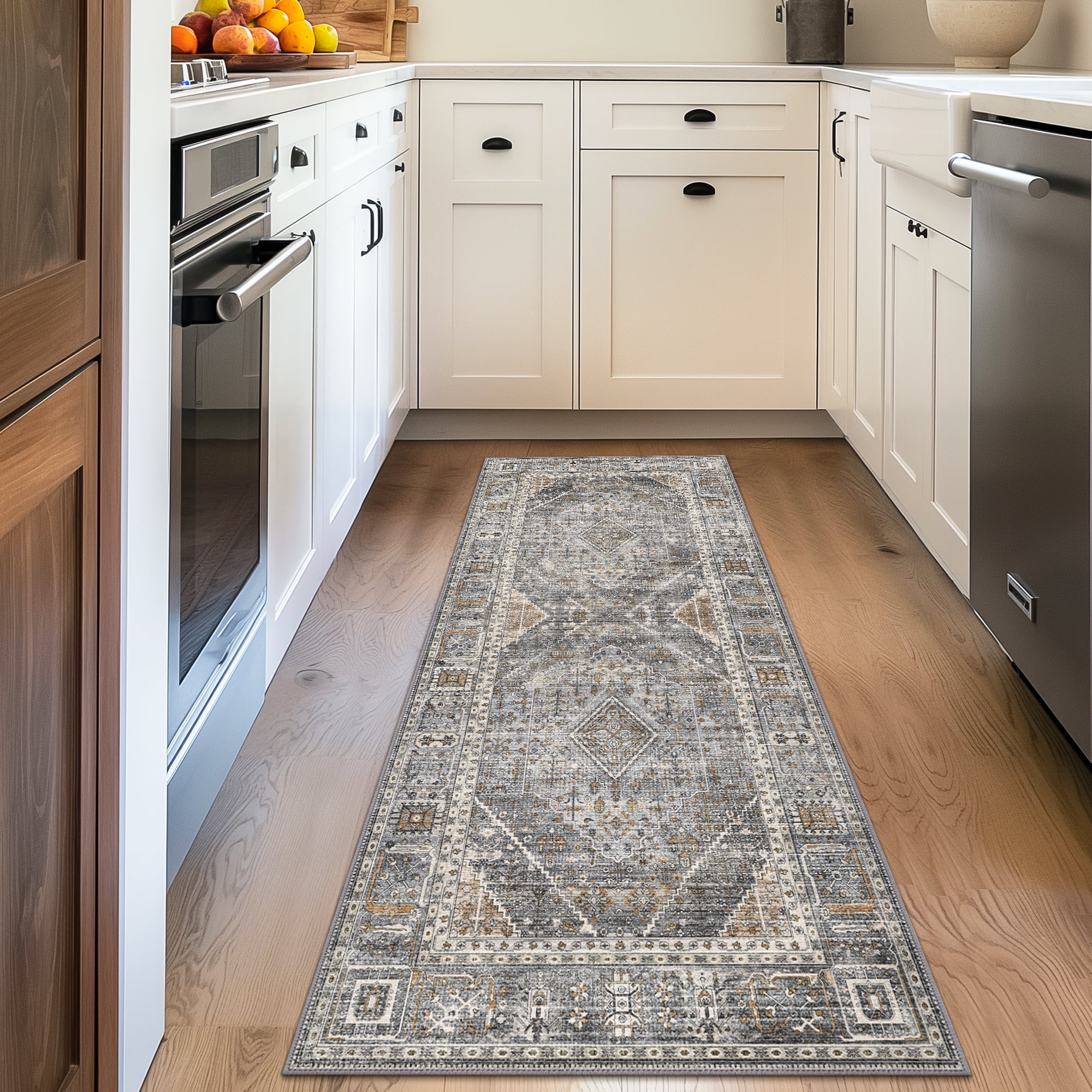 DEORAB Runner Rug 3X8 Non Slip Hallway Vintage Rugs, Machine Washable Lightweight Mat for Living Room, Entryway, Bedroom, Kitchen and Passage, Ultra-Thin, Light Gray