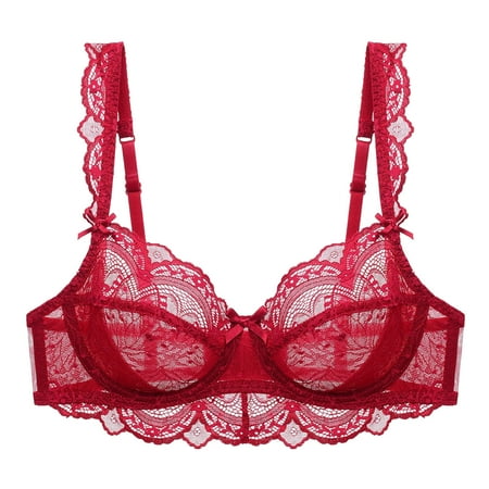 Aobny Fancy Bras for Women s Minimizer Red Nylon Underwear Underwire Sheer Lace Brassieres Supportive S-3XL