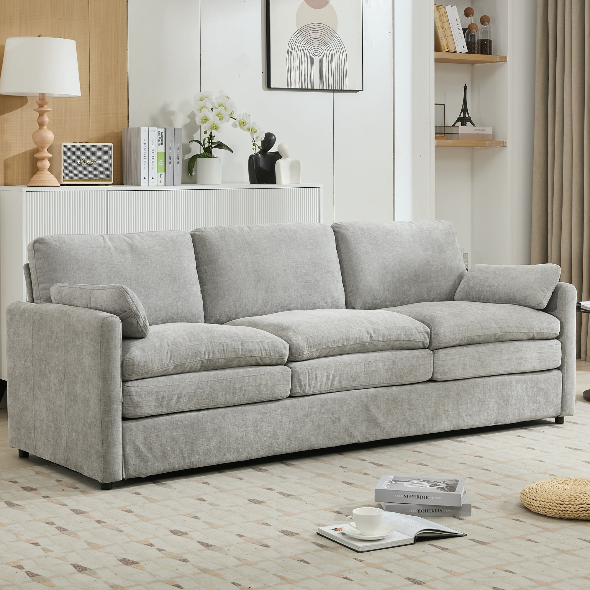 Euroco Modern 3-Seater Chenille Sofa with Double-Layered Cushions, Ergonomic Armrests & Detachable Lumbar Pillows, Upholstered Couch for Living Room or Office