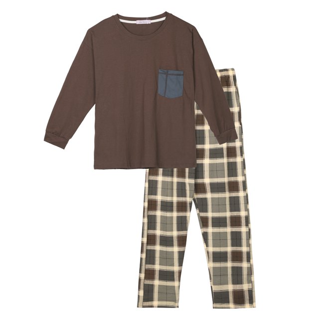 Pijamas de mujer Inspire Chic de manga larga con pantalones a cuadros, conjuntos familiares, talla XS, color marrón