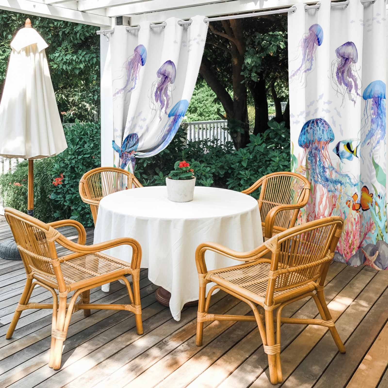 Watercolor Jellyfish Outdoor Curtains for Patio, Summer Ocean Seaweed Coral Coastal Sunshade Privacy Drapes Grommet Waterproof Outside Curtains for Porch/Cabana/Balcony 54"x 108", 1 Panel