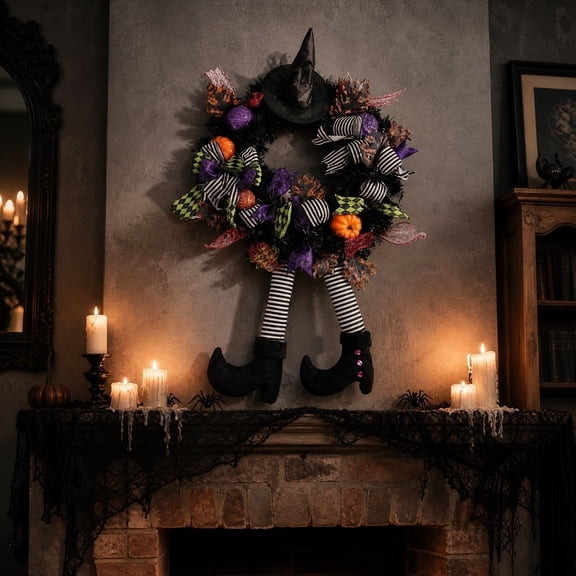 Halloween Decoration Indoor Outdoor Clearance, Halloween Witch Wreath For Front Door Decor Black Witch Hat Leg Artificial Fall Wreath With Pumpkin Bowknot Spooky Halloween Hanging Ornament