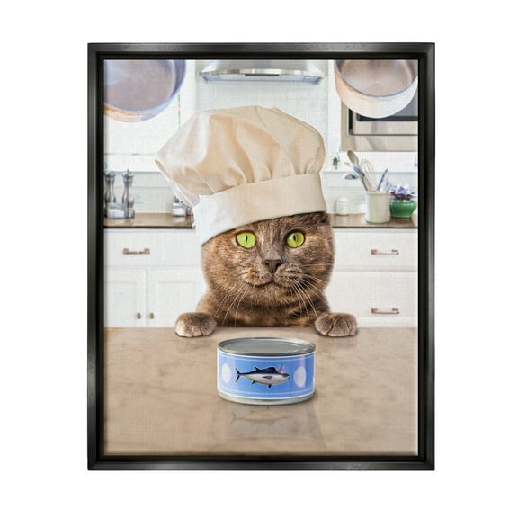 Stupell Industries Cat Chef & Tuna Can Animals & Insects Painting Black Floater Framed Art Print Wall Art, 17 x 21