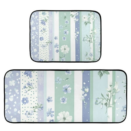 

Blue-green Vertical Stripes Florals Leaves Rug Carpets Floor Mats Non-slip Water Absorption Set of 2 for Kitchen Bathroom Laundry