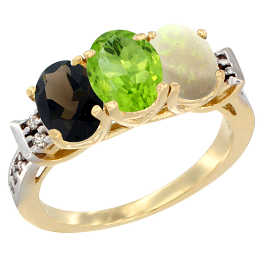 10K Yellow Gold Natural Smoky Topaz, Peridot & Opal Ring 3-Stone Oval 7x5 mm Diamond Accent, sizes 5 10 by WorldJewels