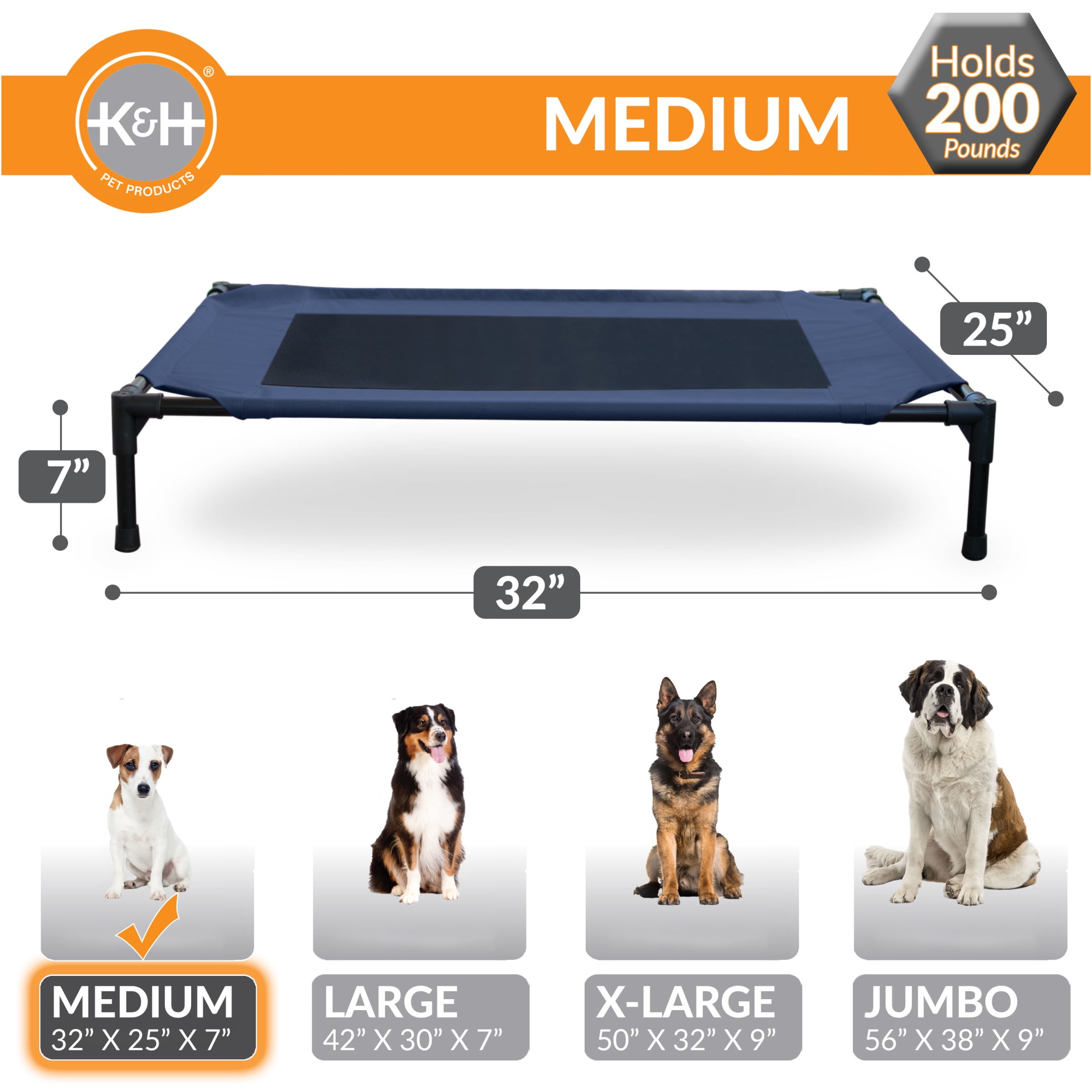 K&H Pet Products Original Pet Cot Elevated Dog Bed Blue/Black Mesh Medium 32 X 25 X 7 Inches