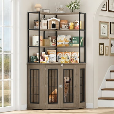 Homfa 70.7'' Tall Corner Dog Crate with 3 Tiers Shelves, Wooden Dog Kennel Furniture for Small and Medium Dogs, Gray