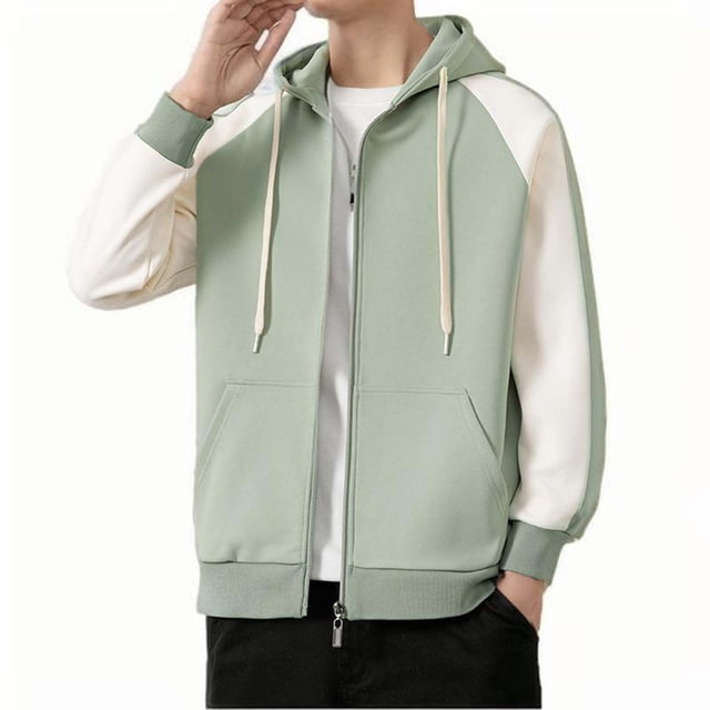 Men's Color Block Hooded Coat with Drawstring and Zipper Pockets for Casual and Outdoor Wear
