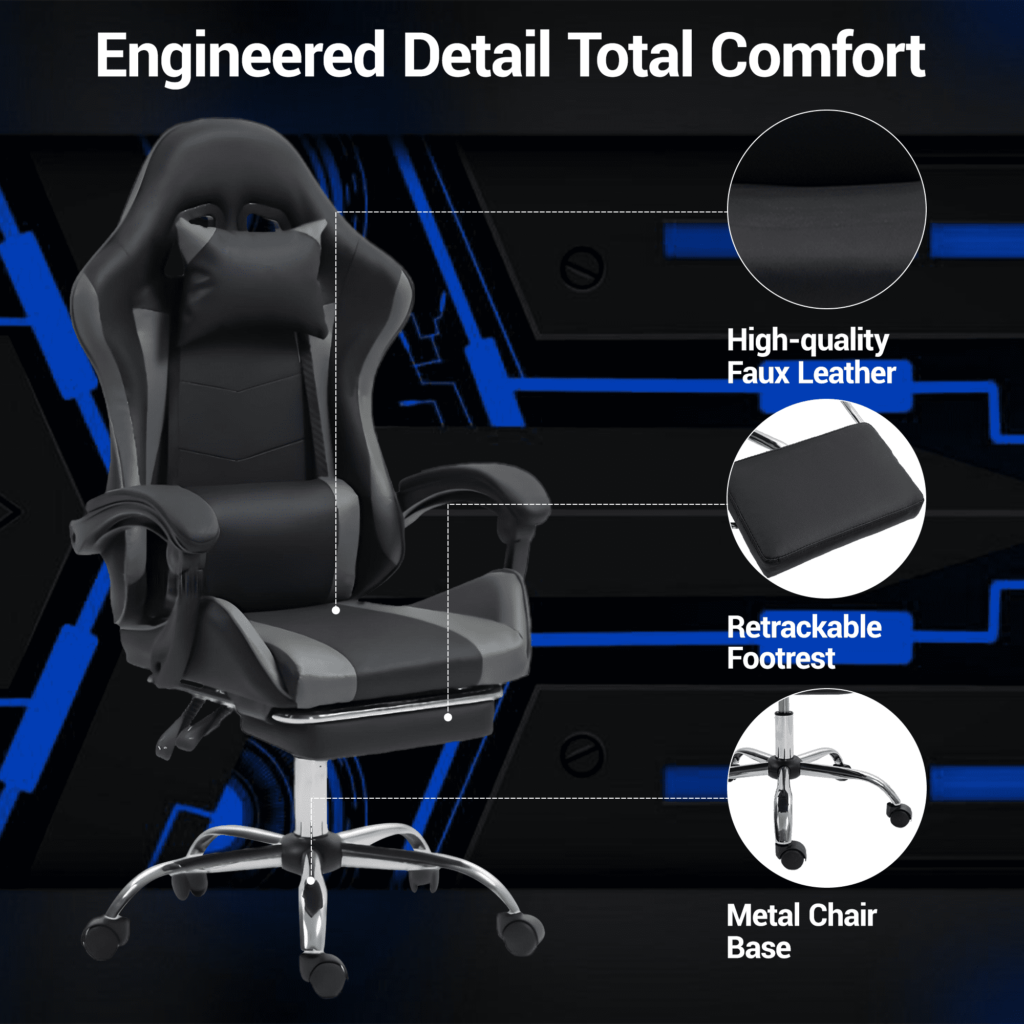 WENTUM Gaming Chair with Massage Lumbar Support Ergonomic Video Game Chair for Adults, Adjustable Headrest & Footrest, 90-135° Recline, 360° Swivel, Grey