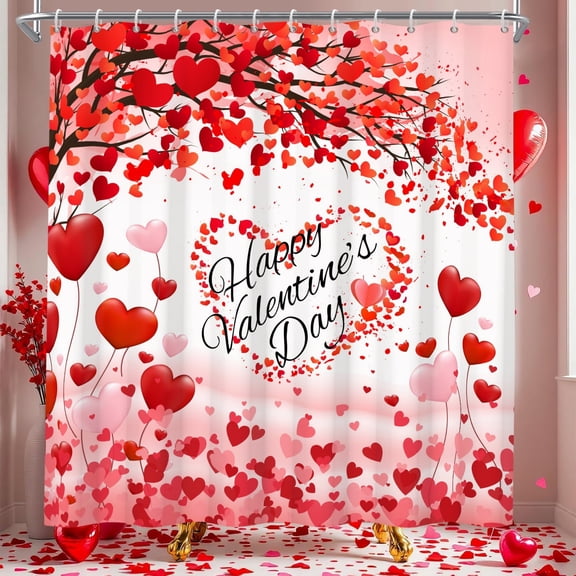 Valentine's Day Shower Curtain,Red Pink Love Heart Bathroom Curtain,Holiday Fabric Bath Curtain with Hooks 60"x72"