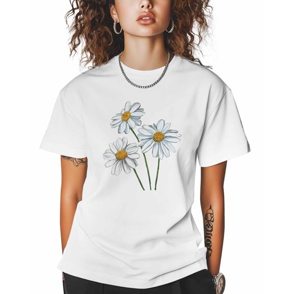 T Shirts for Women Short Sleeve Cotton Crewneck T-Shirt, White Daisy Flowers Tee Tops Casual Basic T-Shirts, XS-5XL White S