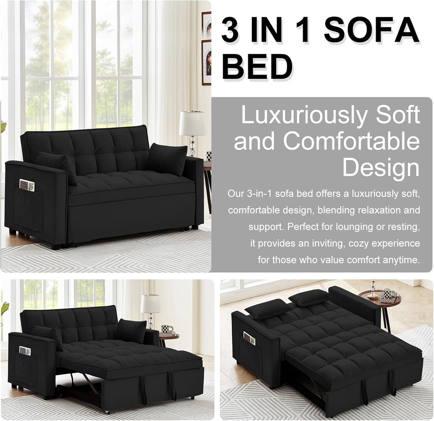 avobird 3 in 1 Convertible Sleeper Futon Sofa Bed, 55" Pull Out Sofa Bed with Storage Pocket/Side Pocket/2 Pillows for Living Room, Black