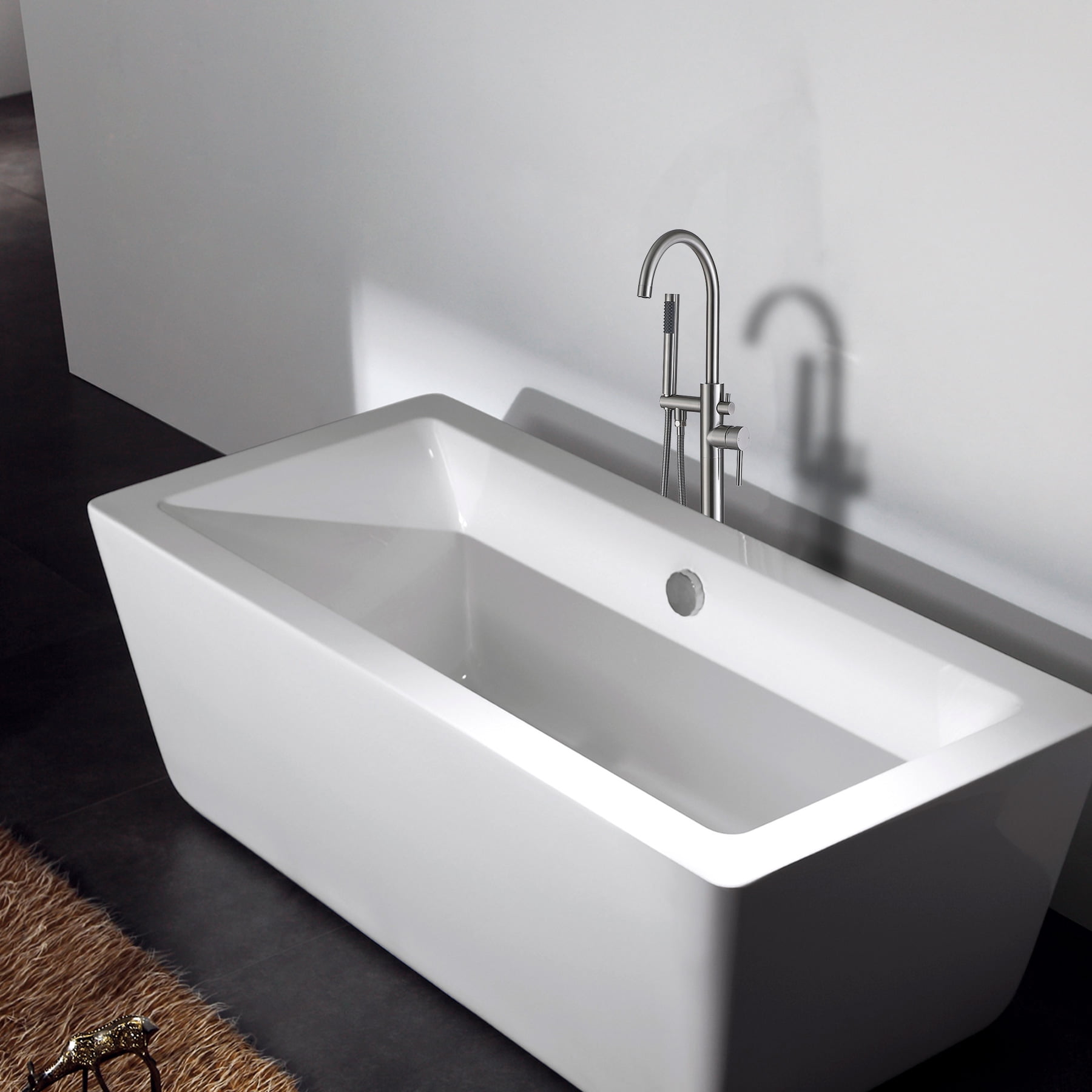 Freestanding Bathtub Faucet Floor Mount Tub Filler Single Handle Stainless Steel  Standing Bathtub Tap with Handheld Spray Swivel Right Angle Spout Brushed Nickel