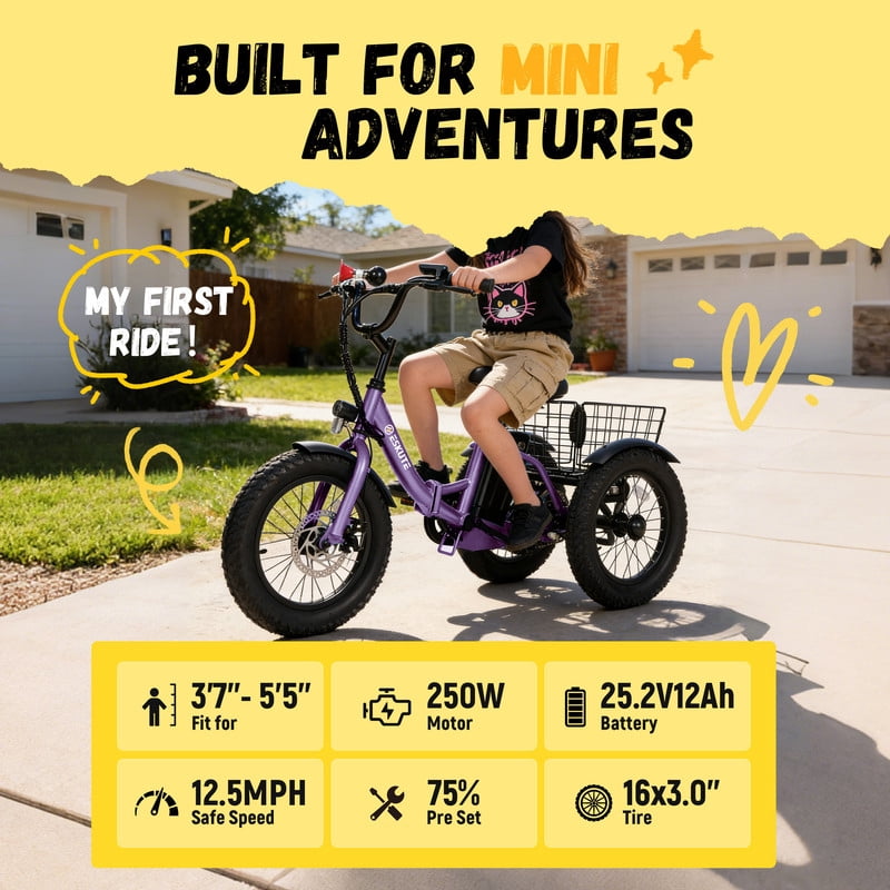 ESKUTE T300mini Electric Tricycle for Beginners, 16" x 3.0 Fat Tire Folding 3-Wheel E-Bike, 500W Peak Motor, 302Wh Battery, Step-Thru, 12.5 MPH, Purple, UL2849
