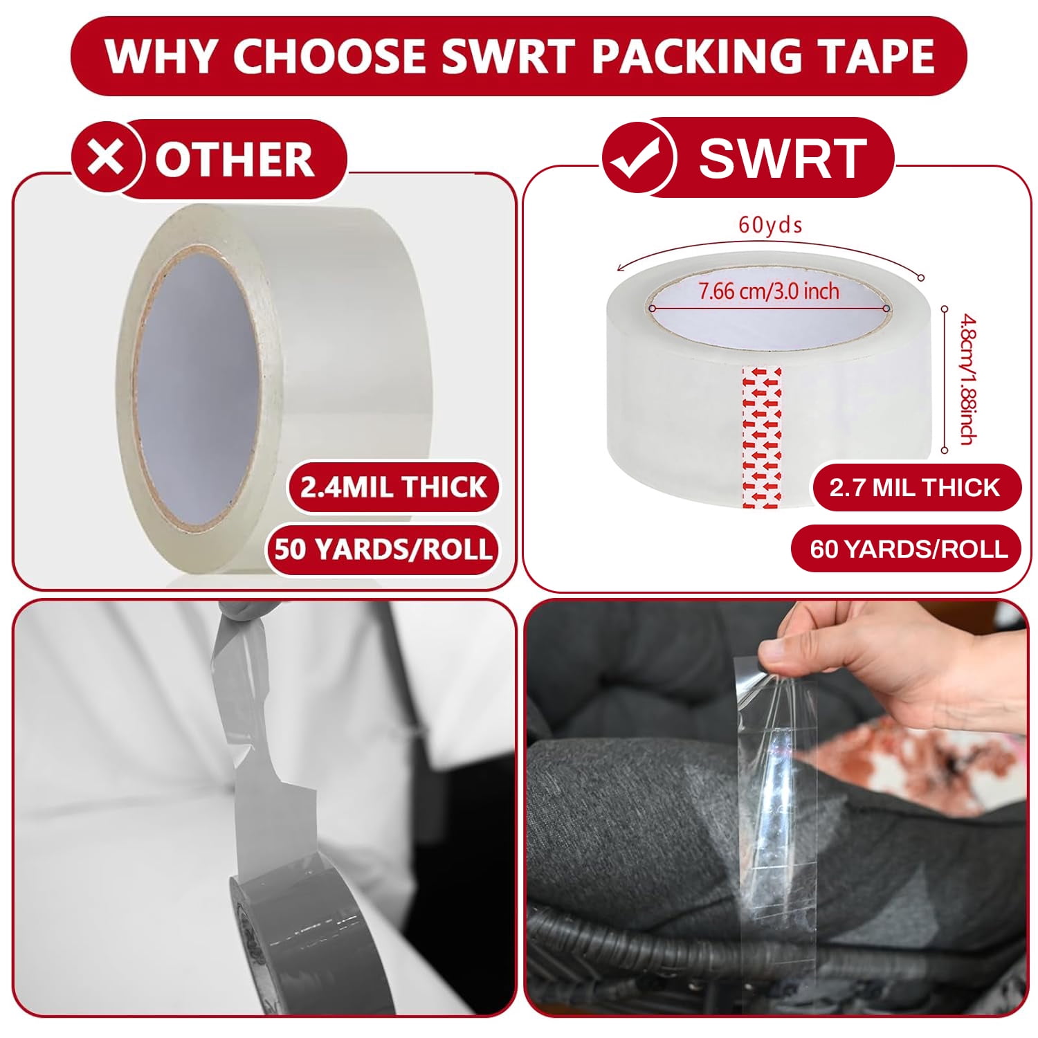 Behome Clear Shipping Packing Tape with Dispenser, 6 Rolls Heavy Duty Packing Tape for Shipping and Moving, 1.88" x 60 yd