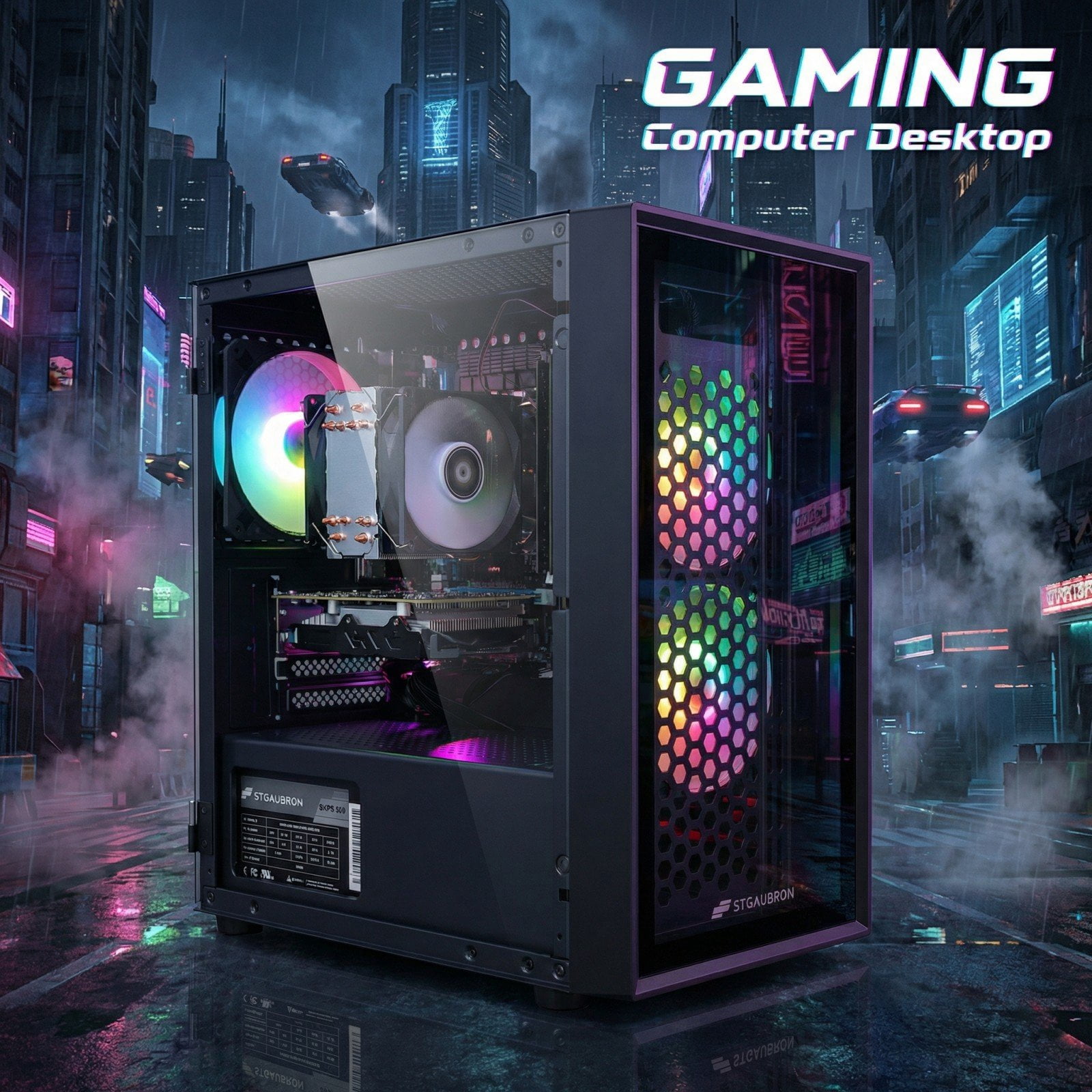 STGAubron Gaming PC Desktop, Intel i7 Xeon E5, RX 580 8G, 16GB RAM, 512G SSD, WiFi 6, BT 5.2, RGB Fan x3, Win 11 Home