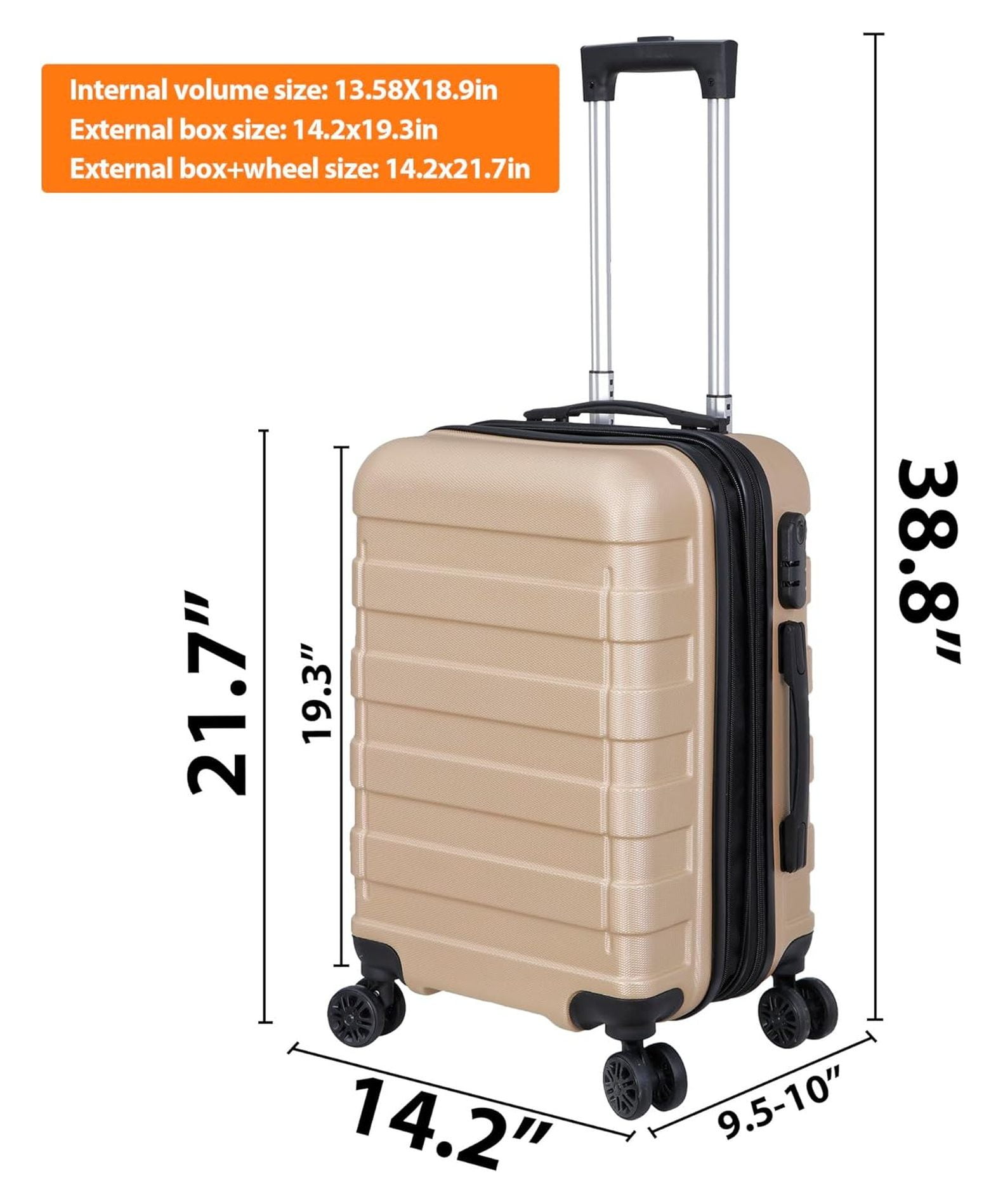 22 Inch Hardside Expandable Luggage ,Carry On Luggage With Spinner Wheels,Travel Suitcase Champagne (ABC1238)