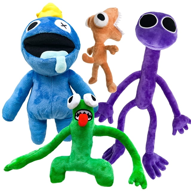 juguetes de peluche rainbow friends, 4 muñecas de peluche: figura azul con boca abierta y lengua celeste, criatura verde con ojos saltones y lengua roja, muñeco morado de cuerpo largo con extremidades alargadas y figura marrón pequeña con un ojo grande; vista frontal sobre fondo blanco, aptas para regalos, fiestas y cosplay de San Valentín.