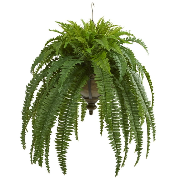 Nearly Natural Green 39”H Boston Fern Artificial Plant in Metal Hanging Bowl
