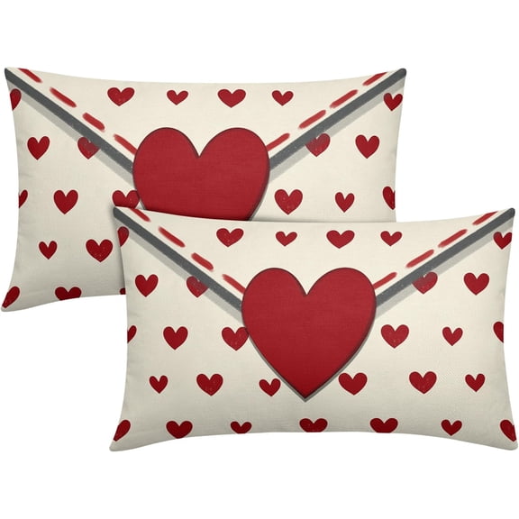 Valentines Day Lumbar Pillow Covers 12x20 Inch Set of 2 Red Heart Beige Envelope Cotton Linen Decorative Throw Pillow Case Holiday Print Cushion Covers for Bedroom Sofa Living Room Chair Home Decor