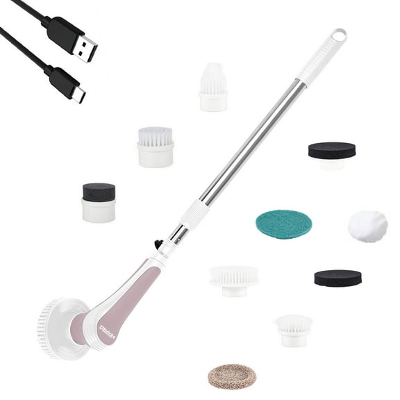 10 in 1 Cordless Electric Spin Scrubber Pink Cleaning Brush with 10 Replaceable Heads for Bathroom Tile and Kitchen Sink Cleaning Adjustable Handle and Type-C Fast Charging