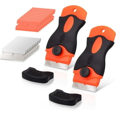 Razor Blade Scraper 2 pcs Cooktop Scraper Handle Adhesive Scraper with 10 Carbon Steel and 10 Plastic Blades for Removing Label,Sticker, Paint, Decals, Tint,Glue Residue from Glass Window Cooktop