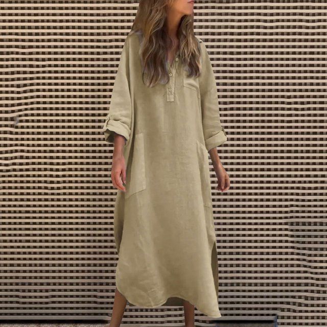 Ovzne Robes pour Femmes Robe Femme Couleur Unie à Manches Longues à Rabat Bouton Bouton Irrégulier Poche Longue Robe Robe de Vacances à Manches Longues Robes Longues Imprimées Liquidation