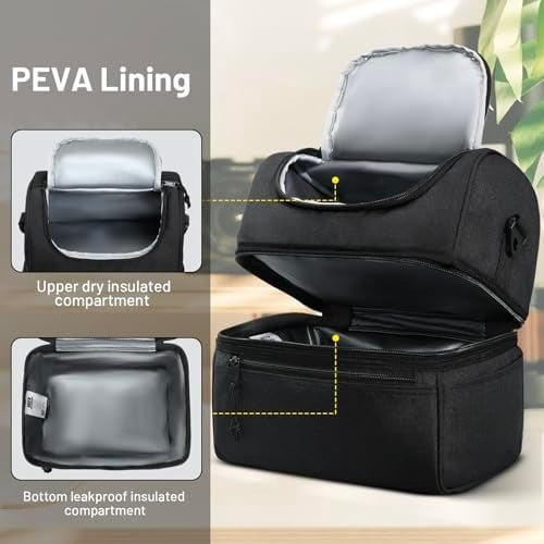 Adult Lunch Box Insulated Lunch Bag Large Cooler Tote Bag for Men, Women, Double Deck Cooler(Black Large)