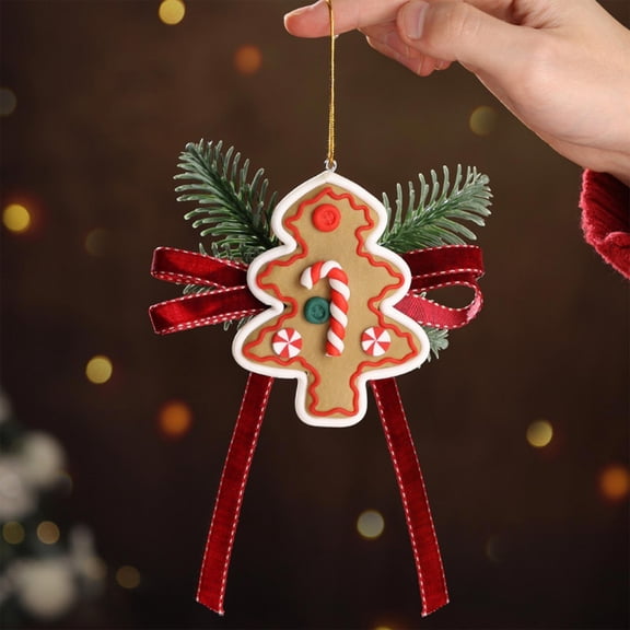 Christmas Gingerbread Man And Tree Hanging Ornaments - Two-Shape Plastic Pendants With Bows For Tree, Wreath, Mantel, And Holiday Display