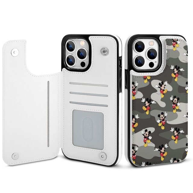 Funda tipo cartera de Mickey Mouse para iPhone 14 Pro Max con tarjetero, tapa trasera tipo libro de piel sintética con función atril, ranuras para tarjetas, cierre magnético doble, antigolpes.