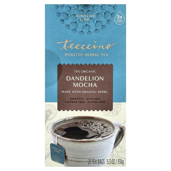 Teeccino Roasted Herbal Tea, Dandelion Mocha, Caffeine Free, 25 Tea Bags, 5.3 oz (150 g)