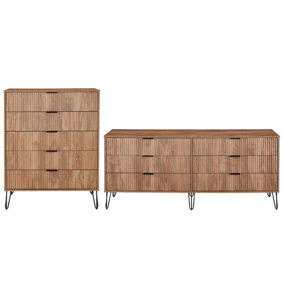 2-Piece DUMBO 5-Drawer Tall Dresser & DUMBO 6-Drawer Double Low Dresser in Brown