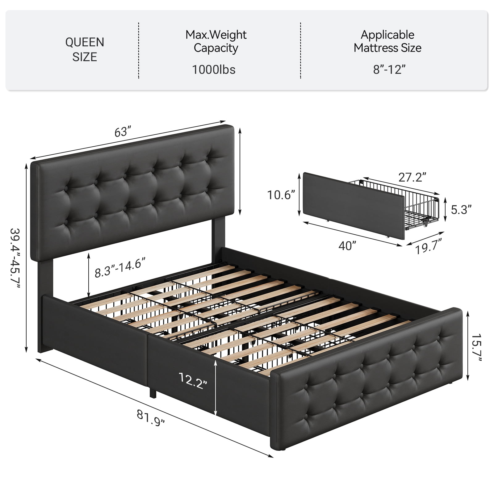 Full/Queen/King Size Upholstered Platform Bed Frame - Adjustable Headboard & 4 Storage Drawers, Button Tufted Design, No Box Spring Needed