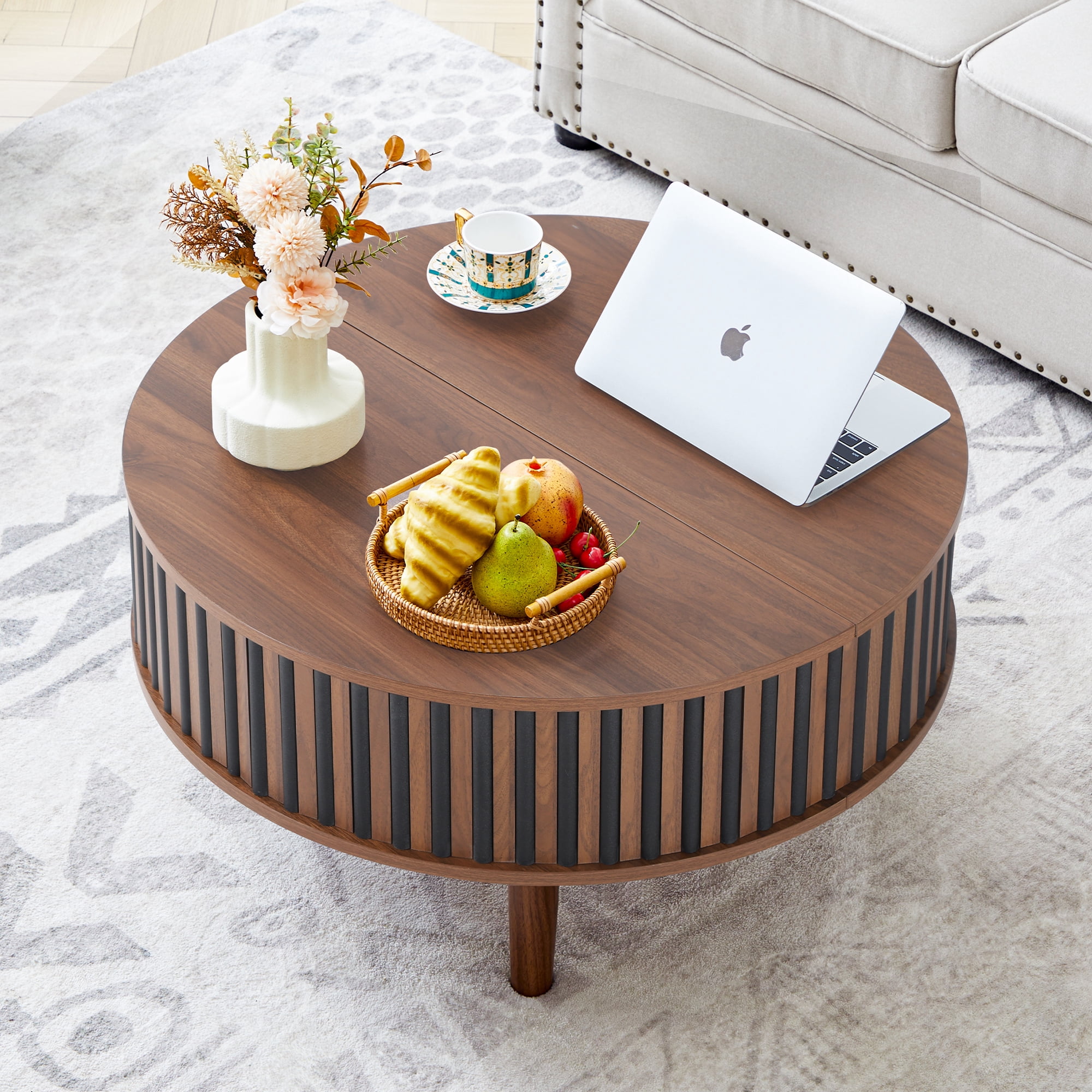 MIYZEAL 31.5" Round Lift Top Coffee Table with Storage, Fluted Mid Century Modern Wooden Center Table with Hidden Compartment, Coffee Table for Living Room, Apartment, Office（Walnut Black）