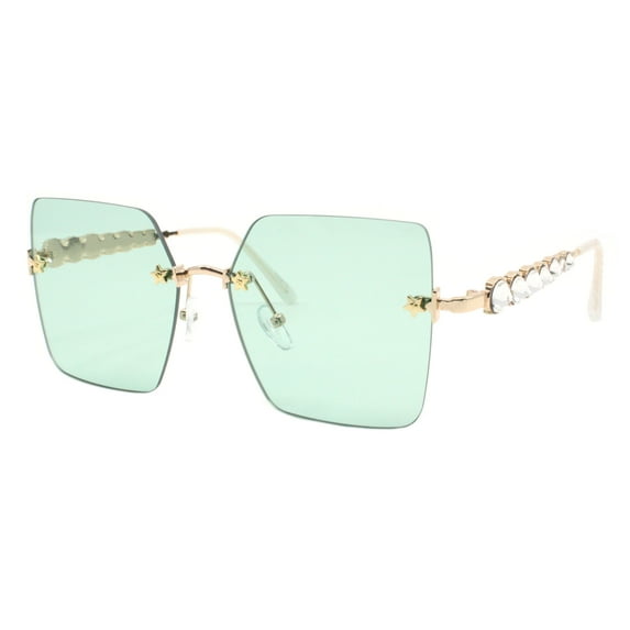Rimless Square Sunglasses Womens Rhinestones Star Studded Shades Gold, Green