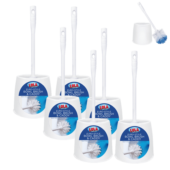 LOLA Toilet Bowl Brush & Caddy W/ Eurostyle Rounded Head, Durable Poly Fiber Bristles -6 Pack