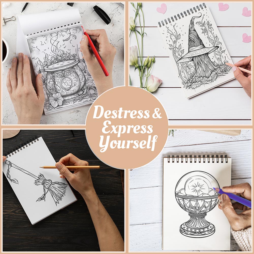 Netecom Witchcraft Coloring Book for Women, A5 Wooden Cover, 30 Enchanting Coloring Pages of Witchy Thing and Magical Potion for Stress Relief and Relaxation, Spiral Bound Edition