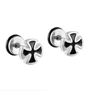 Black Cross Stud Earrings for Men, Hypoallergenic Stainless Steel Screw Back Earrings