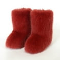 thumbnail image 2 of Women's Men's Mid Calf Fuzzy Boots Fluffy Round Toe Snow Booties Comfortable Plush Warm Outdoor Indoor Flat Shoes Red Size 9, 2 of 3