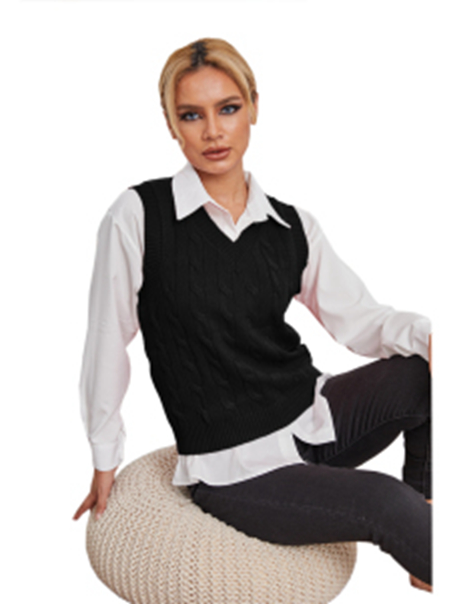 Women's Fashion Sleeveless VNeck Tank Top Sweater Casual Solid Color