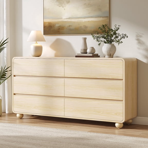 Laintene 6 Drawer Dresser for Bedroom, 53" Wide Modern Curved Chest of Drawers, Large Double Dresser & Storage Organizer, Wooden Bedroom Dresser for Adults, Natural Oak