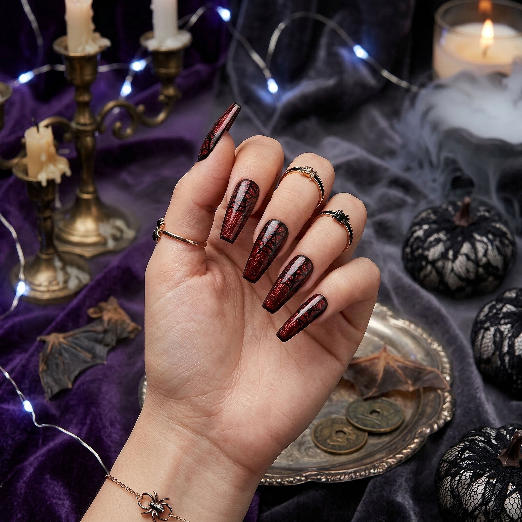 Expressions 24-Pack Self Adhesive Halloween Press-On Nails - Red Glitter & Spiderwebs