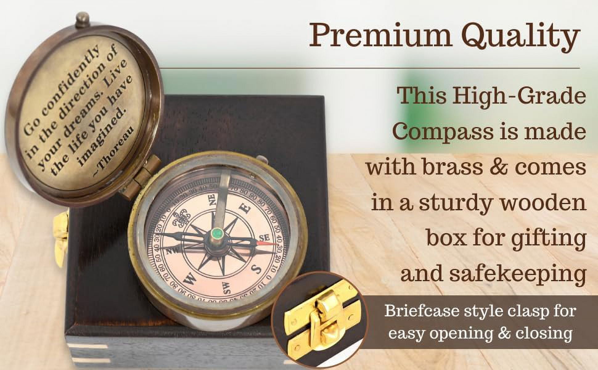 WOANIN - Thoreau's Go Confidently Brass Compass, Gift for Graduation, Confirmation Day, Baptism, New Year Gift, Birthday, Anniversary, Communion, Camping Gift