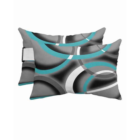 Pack of 2 Outdoor Lumbar Pillow Covers 11x16 Inch, Turquoise Geometric Waterproof Throw Pillow Covers Set, Grey Classic Abstract Lines Striped Decorative Cushion Cases for Patio Porch Car
