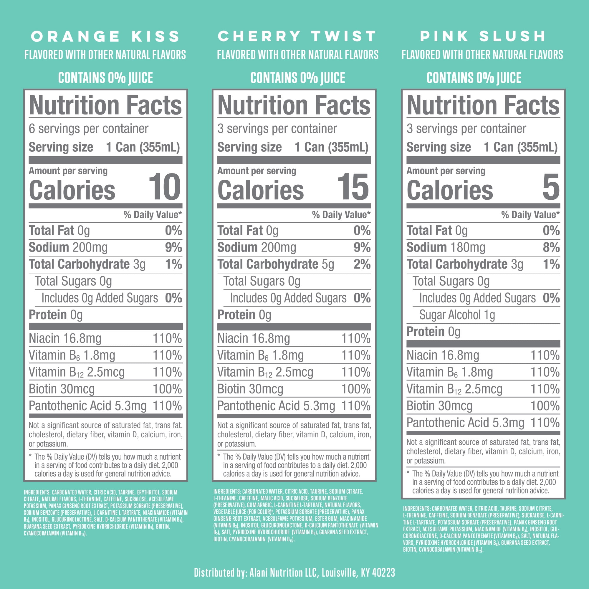 Alani Nu Sugar Free Energy Drink, Variety Pack, Pink Slush, Orange Kiss, Cherry Twist, 12 fl oz, 12 Pack, Cans, 200mg Caffeine